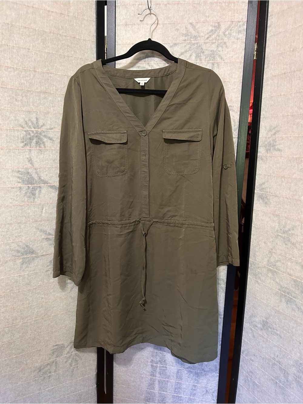 Max Studio Olive Green Long Sleeve Tab Dress Drawstring Belt Medium Dress Pocket